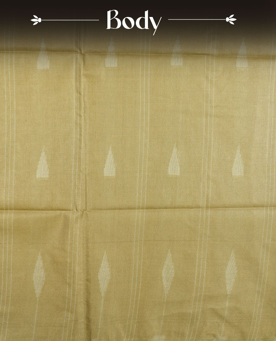 Olive colour semi jute saree highlighting gold zari stripped body with white motifs, without border and paired with matching blouse.