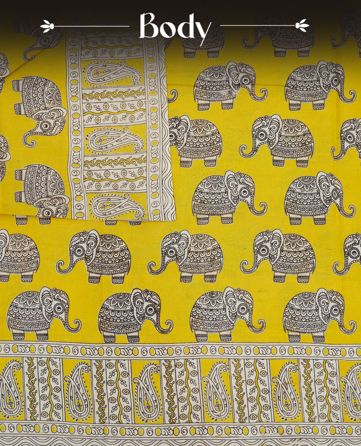Cream & lime yellow  colour kalamkari cotton saree featuring kalamkari printed body & pallu, paired with a matching  contrast blouse piece.
