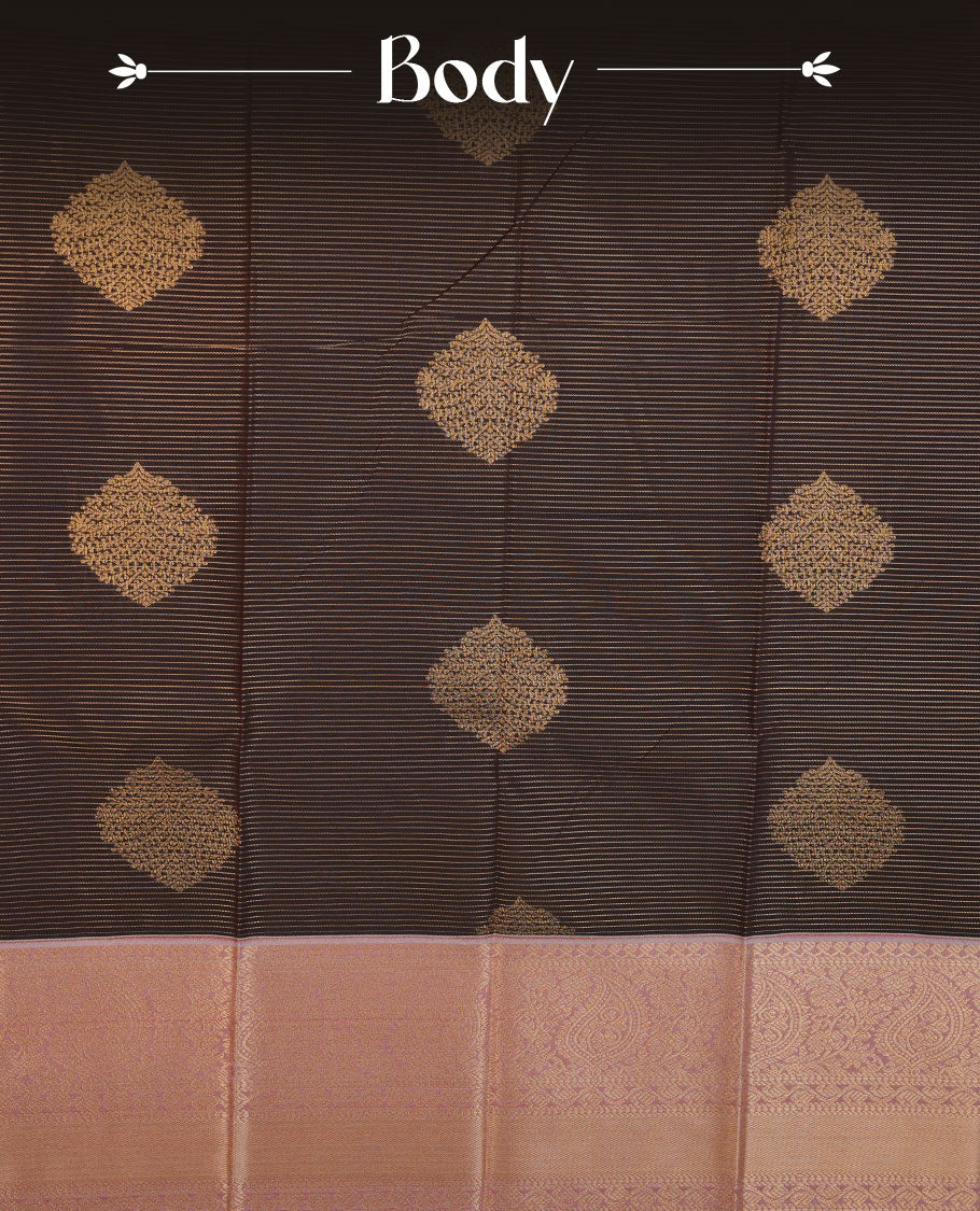 Brown colour semi silk saree highlighting gold zari check strippes and motifs across body, featuring contrast lavender colour border with gold zari pattern, comes with matching blouse .