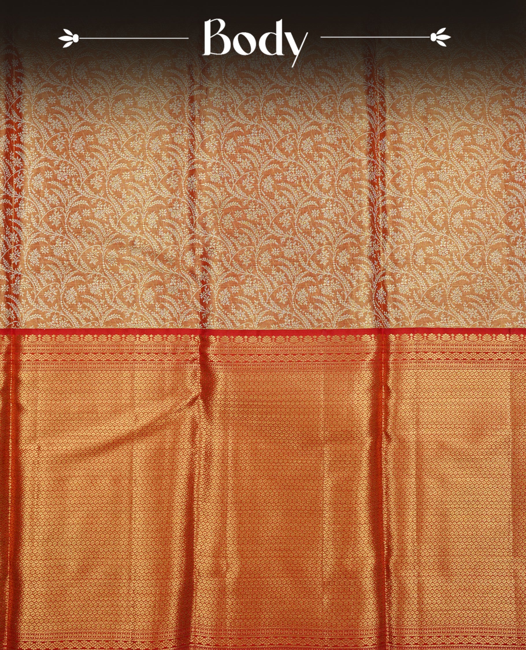 Red & Gold double shade colour Tissue silk saree featuring Silver Kodi pattern on body, complemented by Contrast Red & green With Gold Zari border, comes with matching blouse piece.
