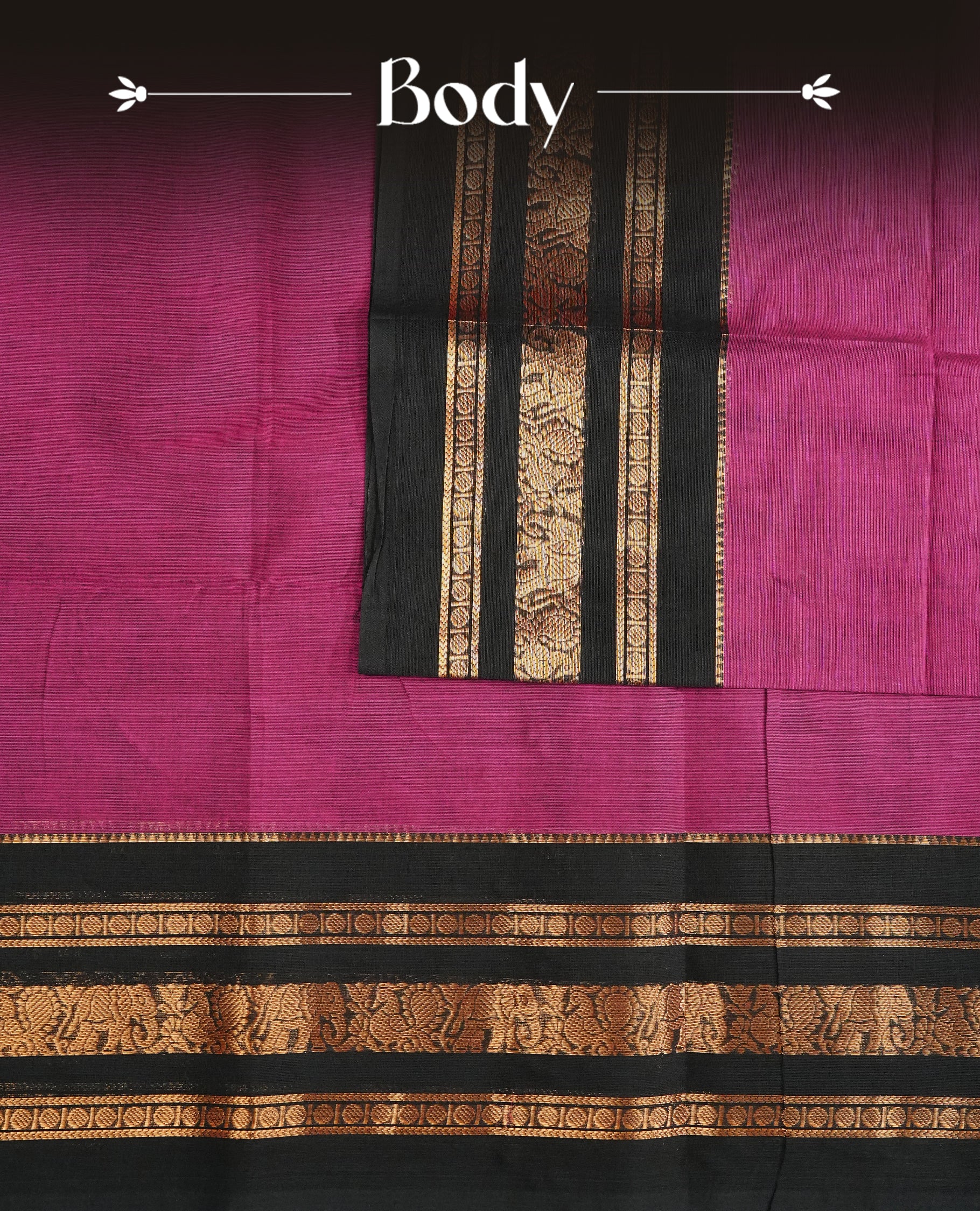 Magenta Colour Chettinad Cotton Saree Featuring a Plain Body, Complemented by a Contrast Black Colour Border with Elephant & Peacock Gold Zari Border & Contrast Striped Pallu, Paired with a Matching Blouse Piece.