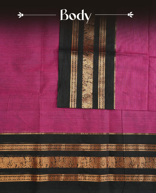 Magenta Colour Chettinad Cotton Saree Featuring a Plain Body, Complemented by a Contrast Black Colour Border with Elephant & Peacock Gold Zari Border & Contrast Striped Pallu, Paired with a Matching Blouse Piece.