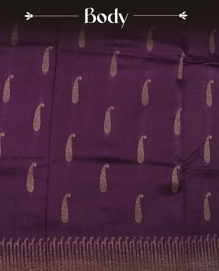 Deep  Purple colour semi banaras tussar georgette featuring gold zari leaf pattern across body, finished with gold zari border and paired with matching blouse.