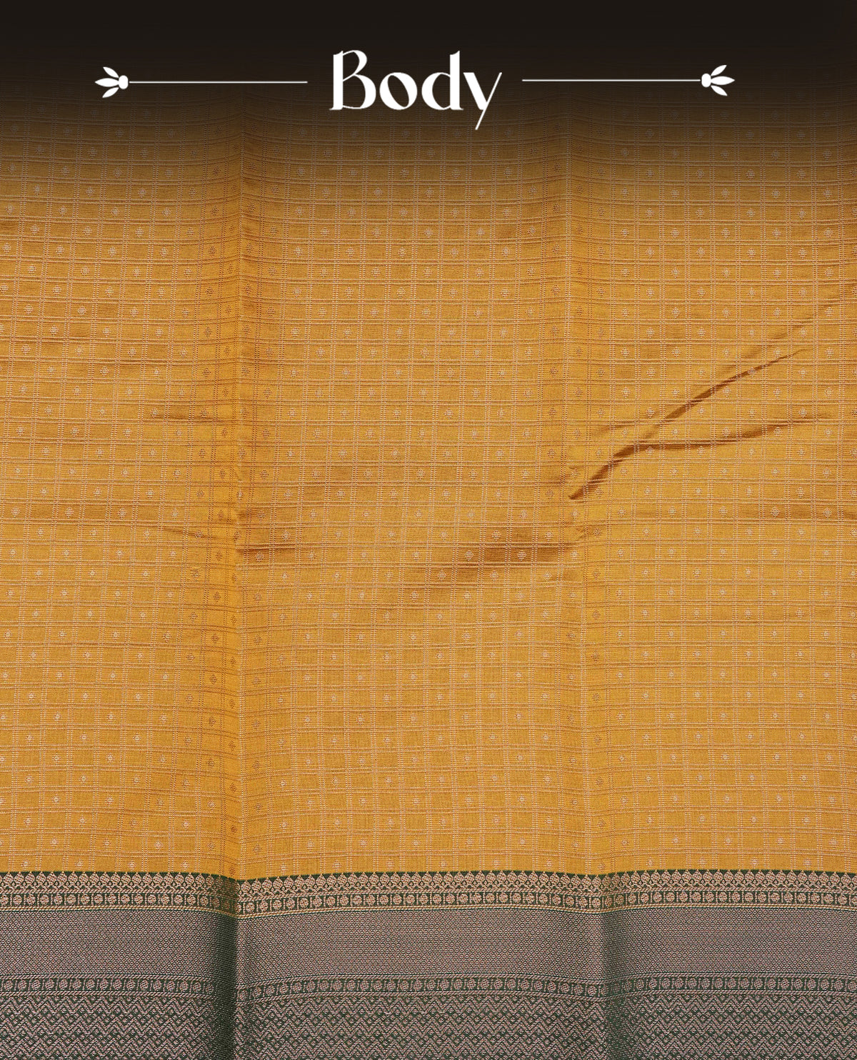 Mustard yellow colour semi silk saree featuring antique zari check patterns on body, contrast olive green colour with traditional border on body, grand pallu comes with matching blouse piece