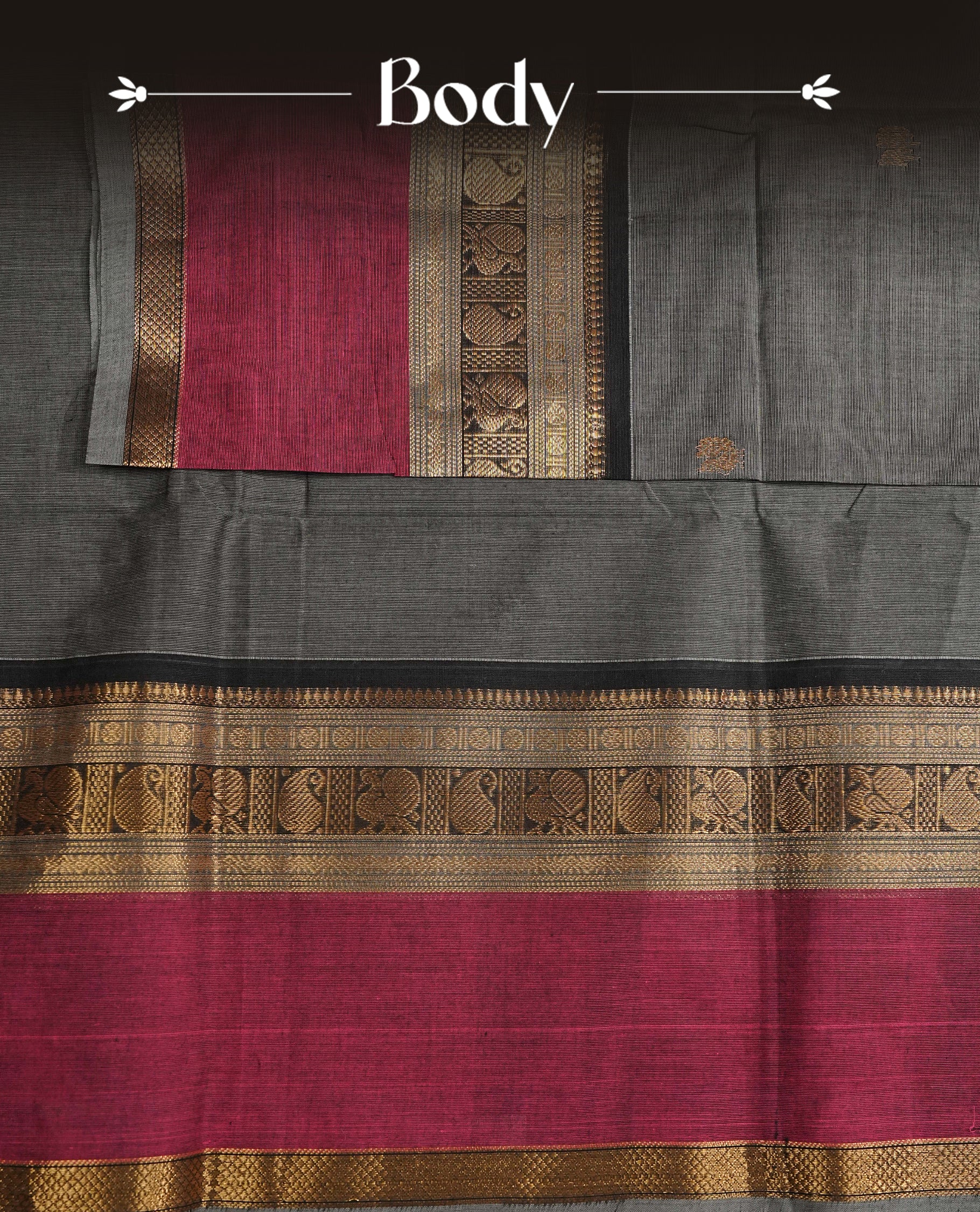 Grey Colour Chettinad Cotton Saree Featuring Elegant plain Body, Complemented by a contrast Magenta & black Colour Border with Gold Zari and Pallu, Paired with a Matching Blouse Piece
