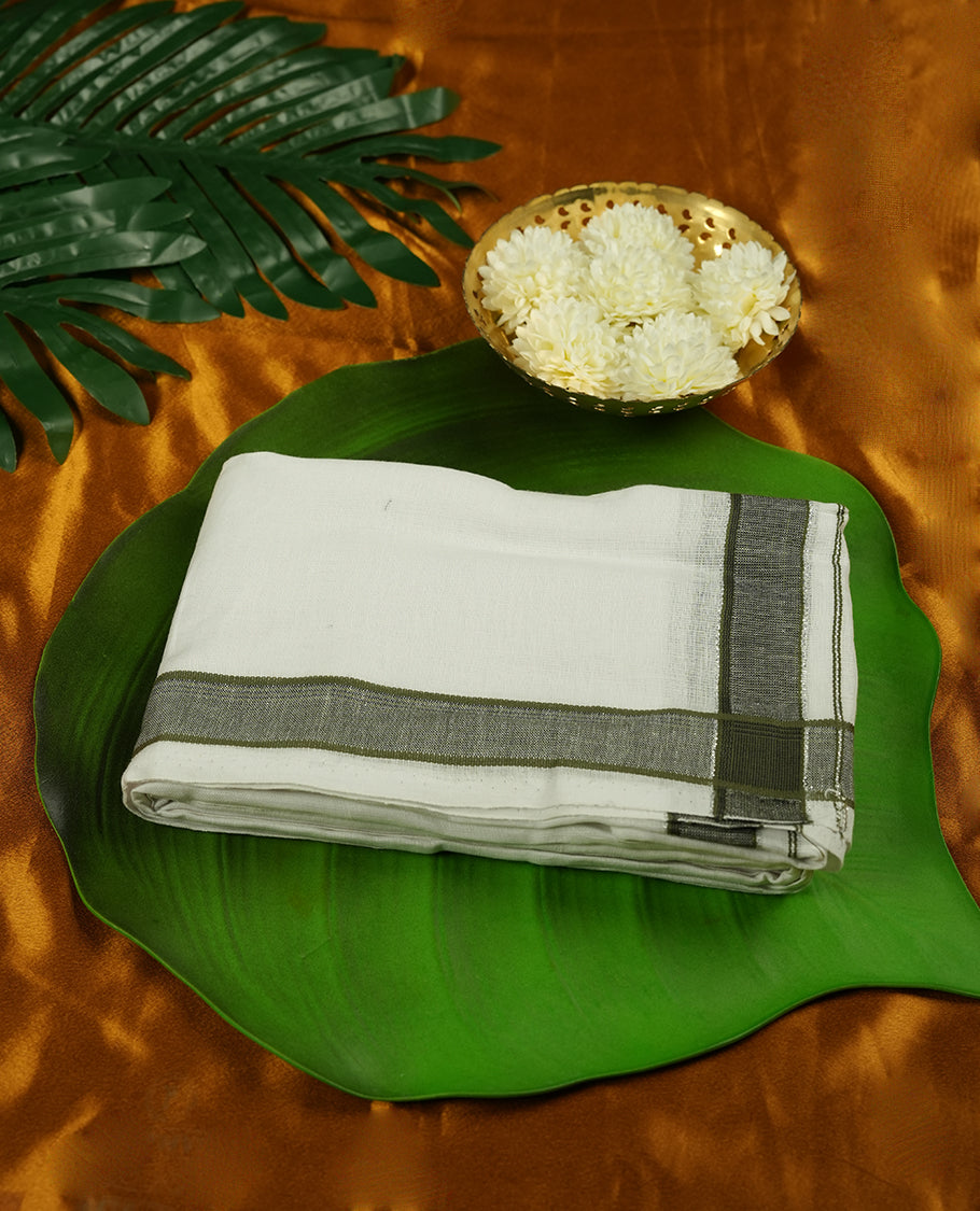 White colour pure linen double Dhoti with Olive green & silver colour border for men