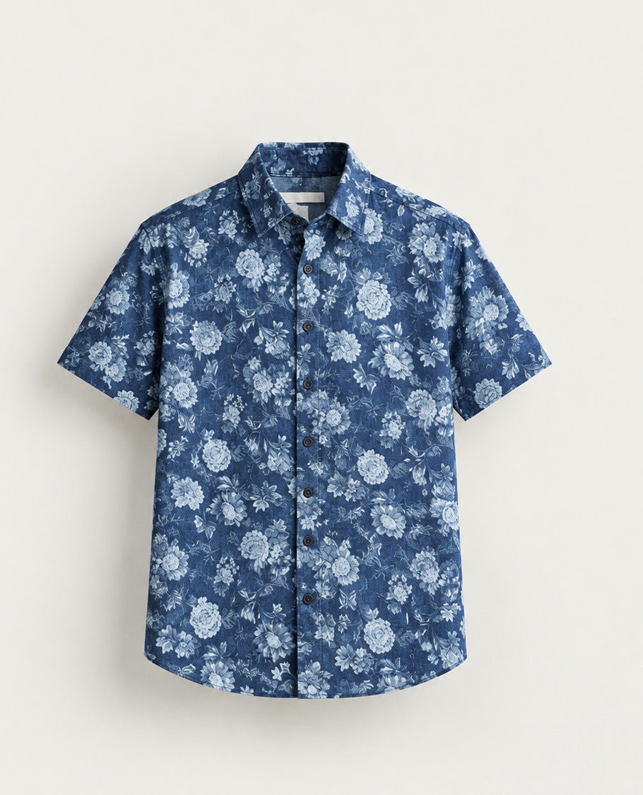 Blue colour shirt White colour Floral pattern body, Half sleeve.