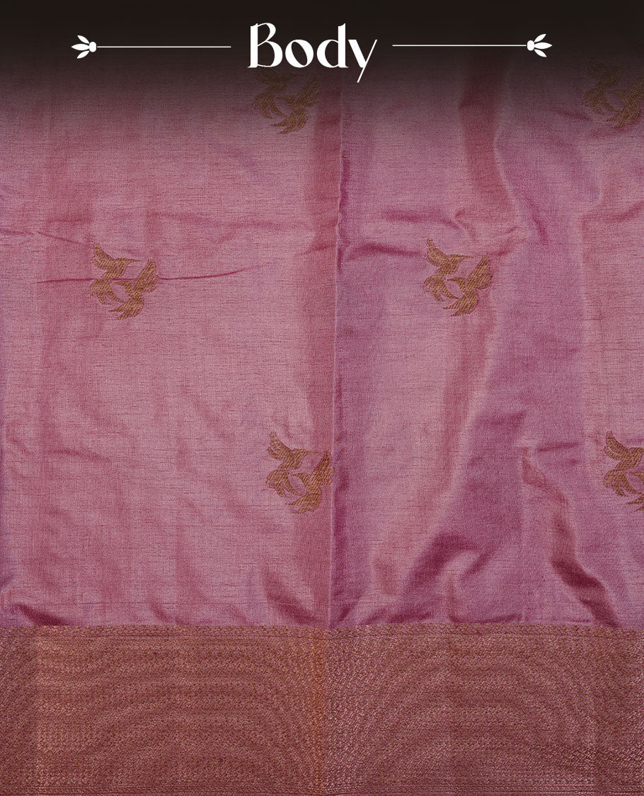 China rose colour semi banaras tussar silk saree highlighting gold zari bird motifs on body, complemented by self colour with antique zari border, paired with matching blouse piece.