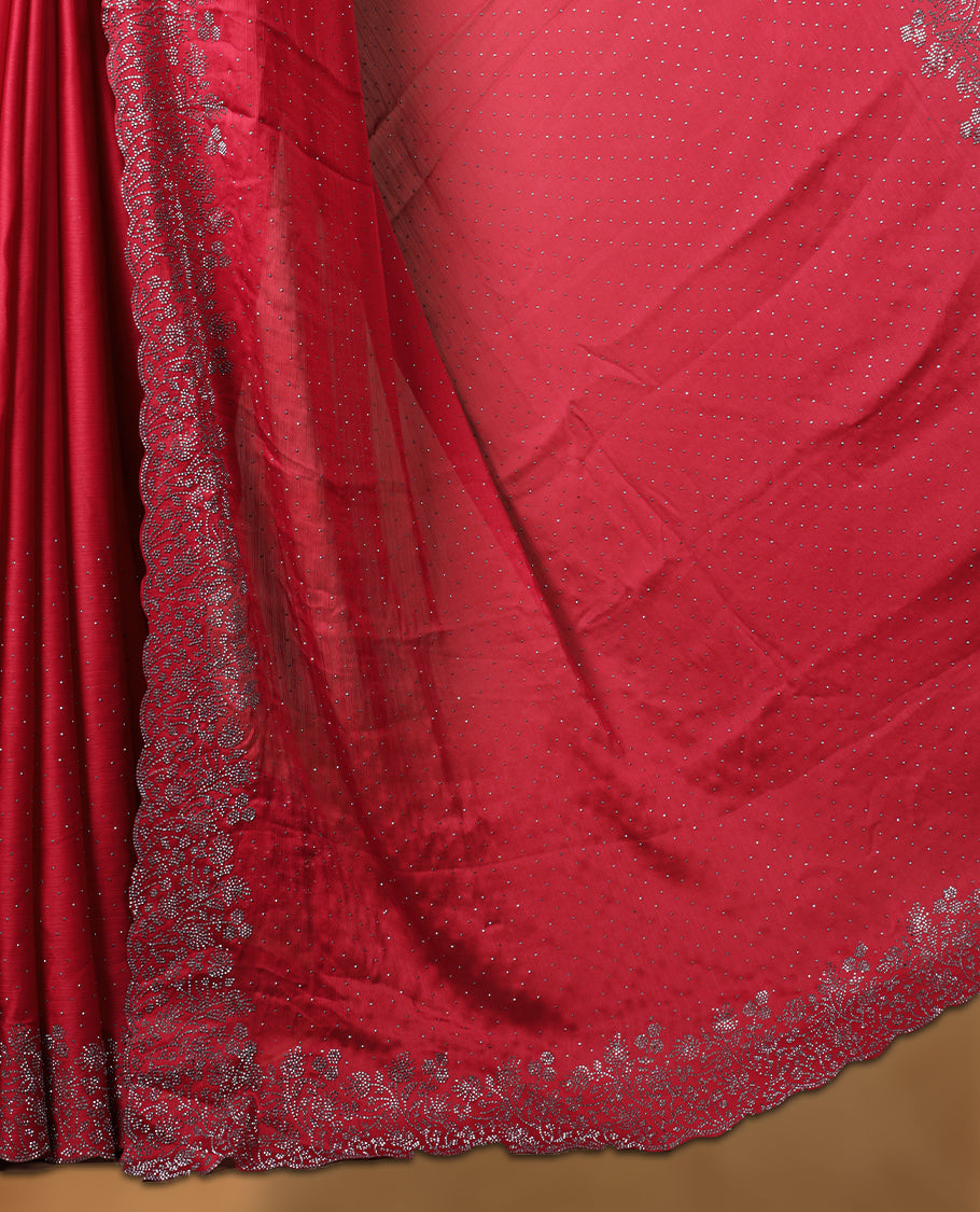 Red colour shimmer designer saree, featuring white scattered stone on body, stone work and heavy stone floral pattern on border and  pallu, Paired with matching blouse.