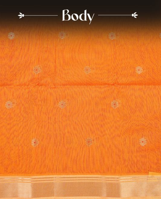 Orange colour Maheshwari cotton saree, gold zari floral motifs on body, complement light orange colour gold zari border comes with matching blouse.