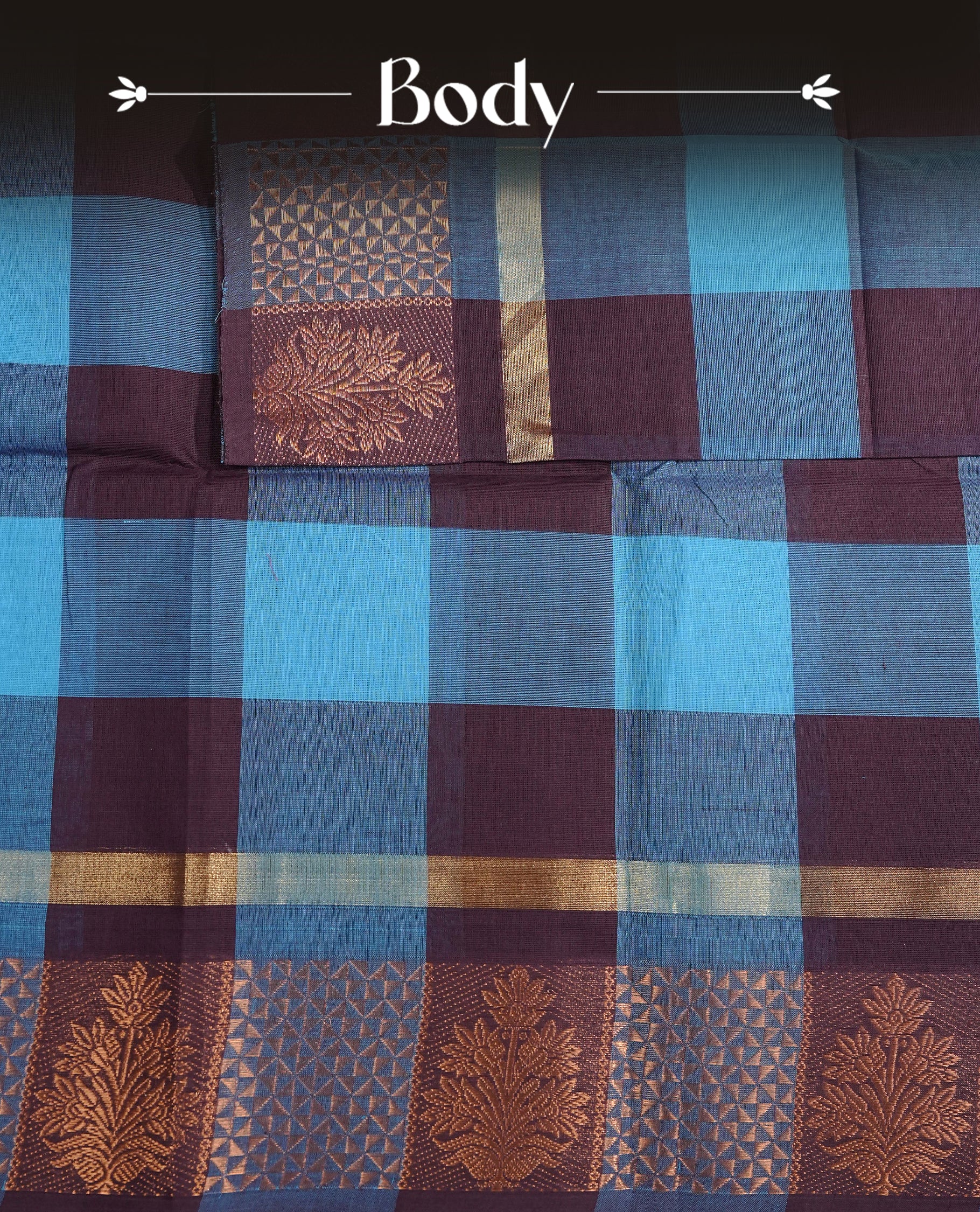 Blue & Purple colour chettinad cotton saree featuring check pattern on body, complemented by Self Colour with gold zari border, comes with matching blouse piece.