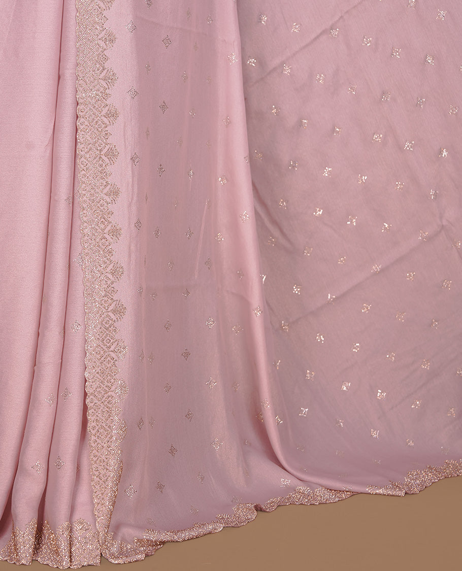 Pink colour organza designer saree featuring Gold stone motifs on body, highlighting light weight stone worked border, paired with matching blouse piece.