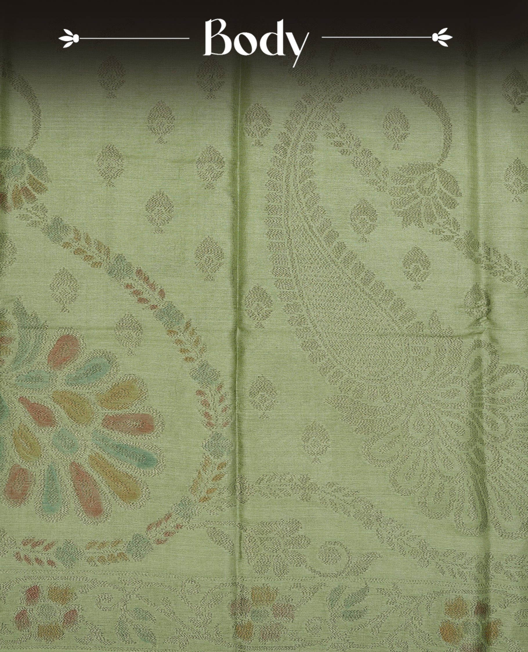 Pastel green colour pure tussar silk saree featuring elegant antique zari kodi patterns across the body, designed with a graceful borderless finish for a refined look. Paired with a matching blouse piece.