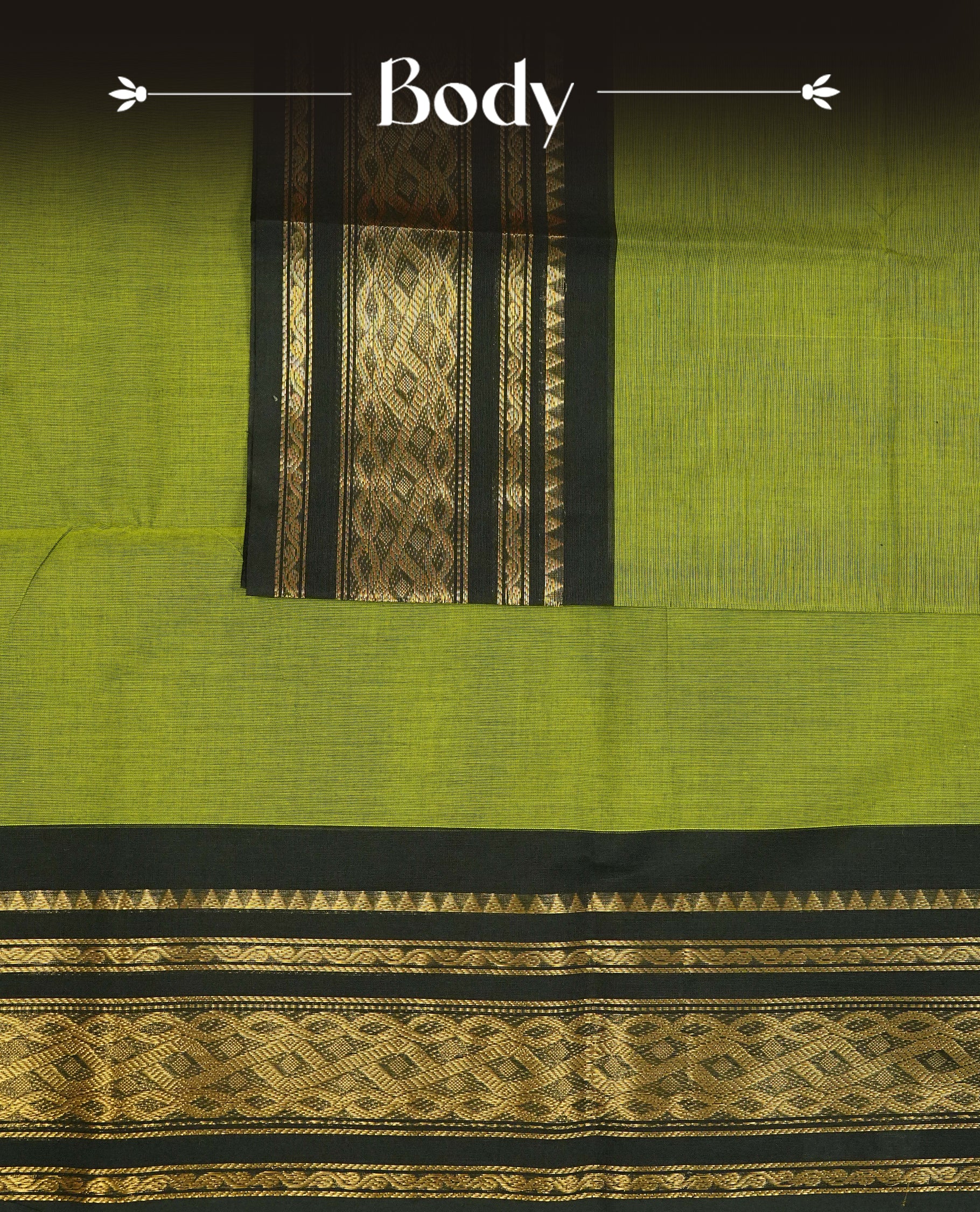 Light Green Colour Chettinad Cotton Saree Featuring a Plain Body, Complemented by a Black Colour with Gold Zari Border and a Striped Pallu, Paired with a Matching Blouse Piece.