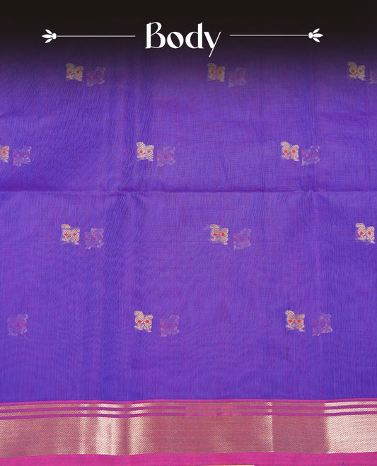 Rich purple colour Maheshwari cotton saree, gold zari floral motifs on body, complement magenta colour gold zari border comes with matching blouse.