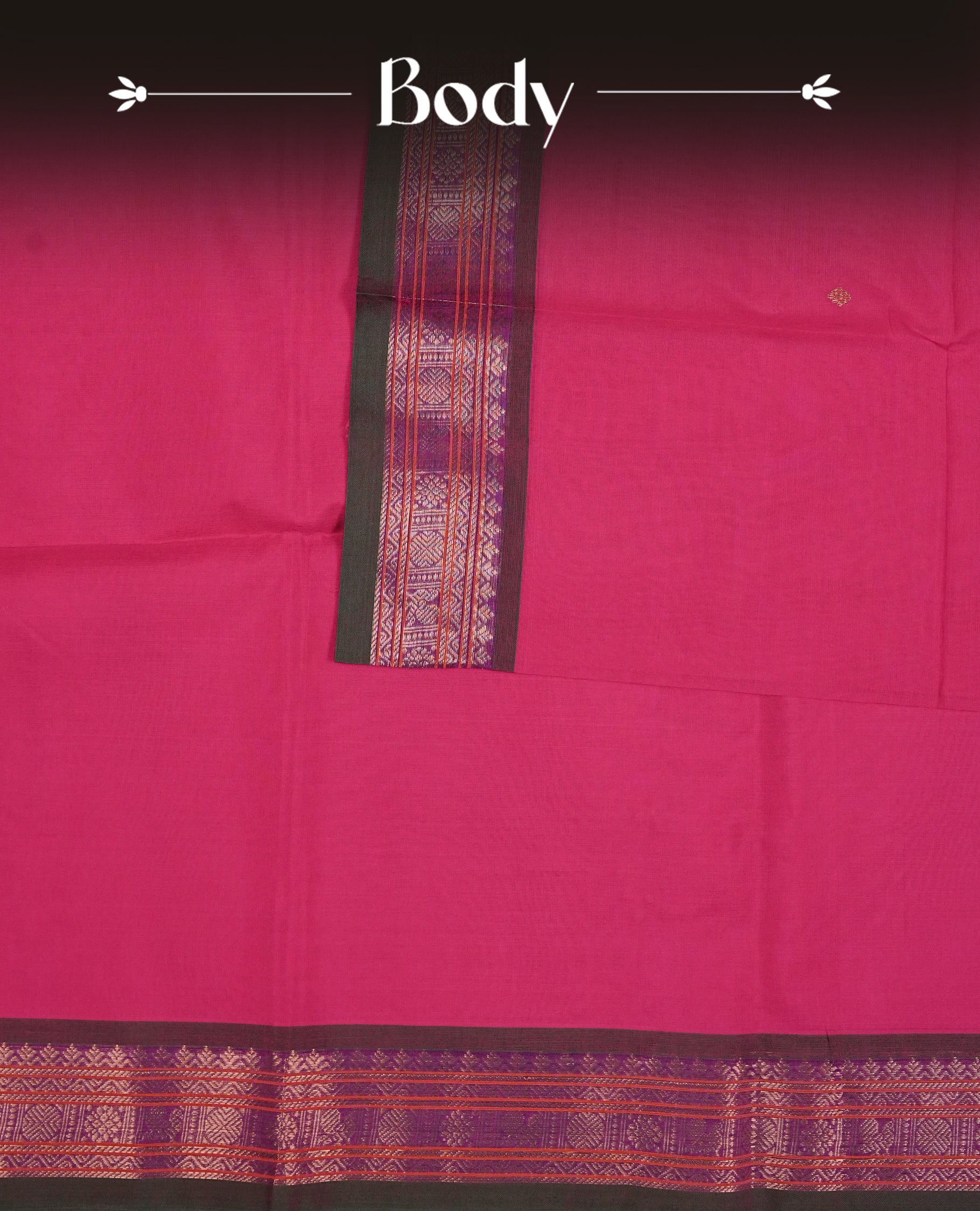 Rani Pink Colour Chettinad Cotton Saree Featuring Gold Zari Motifs on the Body, Complemented by a Green & Violet Colour Border with Peacock Gold Zari Design and a Contrast Gold Zari Pallu, Paired with a Matching Blouse Piece