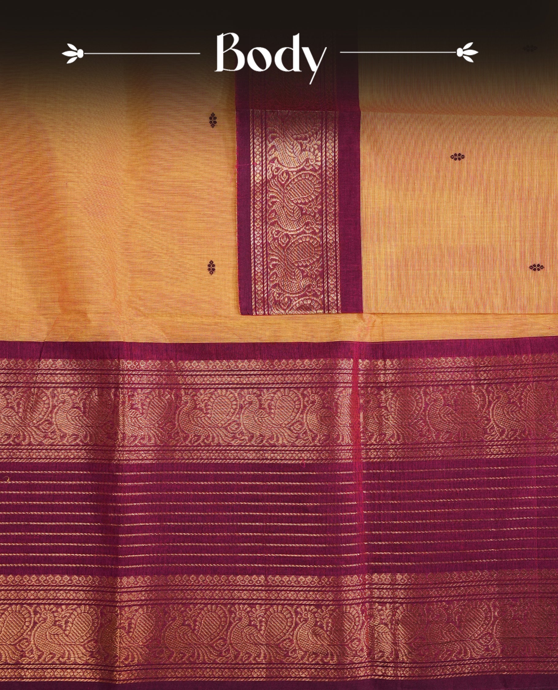 Mustard colour chettinad cotton saree Featuring Elegant plain body, complemented by contrast Maroon colour with zari border, comes with matching blouse piece.