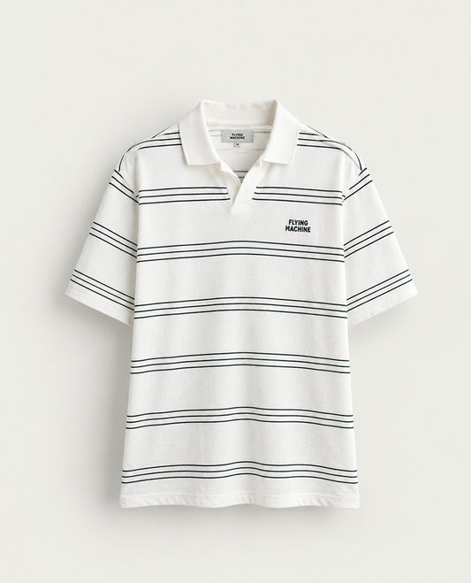 Off white colour Tshirt featuring Collar design neck, green strip body and Half sleeve.