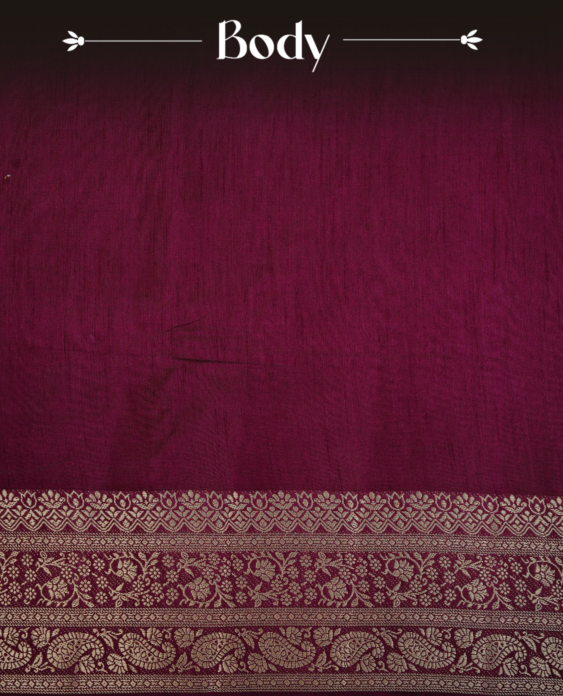 Burgundy colour semi Tussar silk saree featuring an elegant plain body, complemented by a self colour border adorned with traditional gold zari floral kodi patterns. Comes paired with a matching blouse piece.