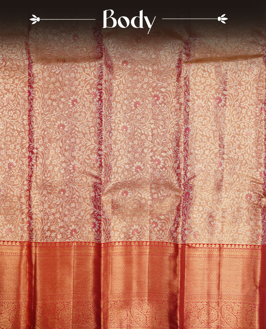 Gold & Rani pink double shade colour kancheepuram tissue silk saree featuring gold zari floral kodi pattern on body, complemented by contrast Rani pink colour with traditional border, paired with matching blouse piece.