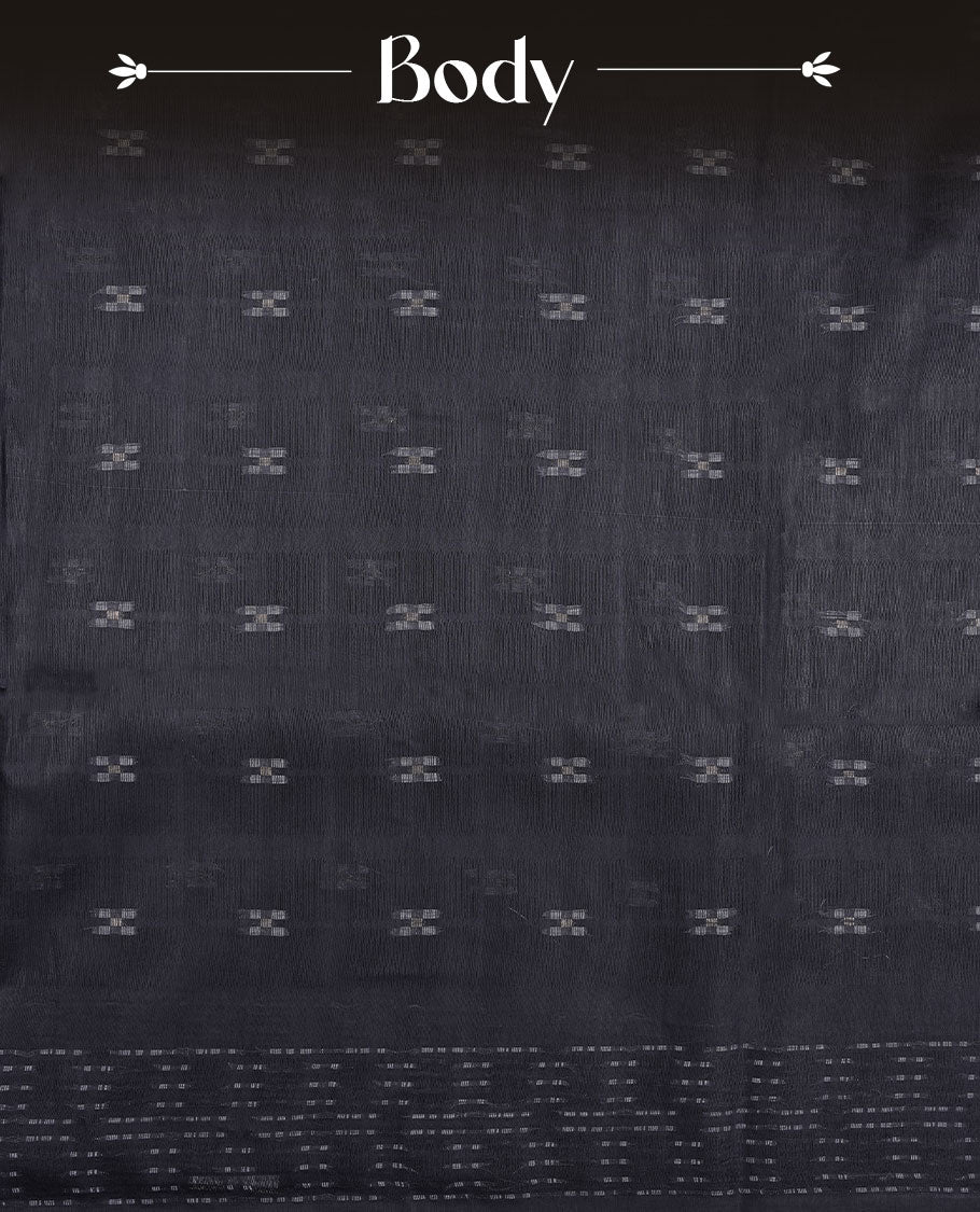 Dark blue colour semi jute saree highlighting white thread motifs on body, without border and paired with matching blouse.