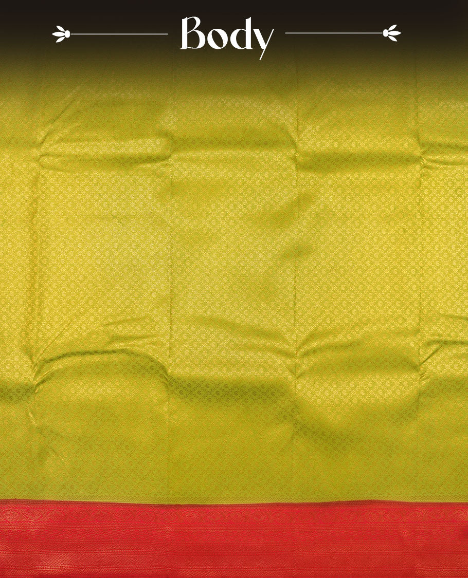 Lemon colour semi silk brocade saree featuring intricate Gold Floral Square kodi patterns across the body, complemented by a contrast red colour woven border and pallu, paired with a matching blouse.
