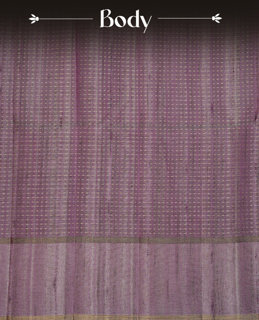 Lavender colour semi tussar silk saree featuring elegant gold zari dotted stripes across the body, enhanced with a rich zari woven border. Comes with a matching blouse piece.