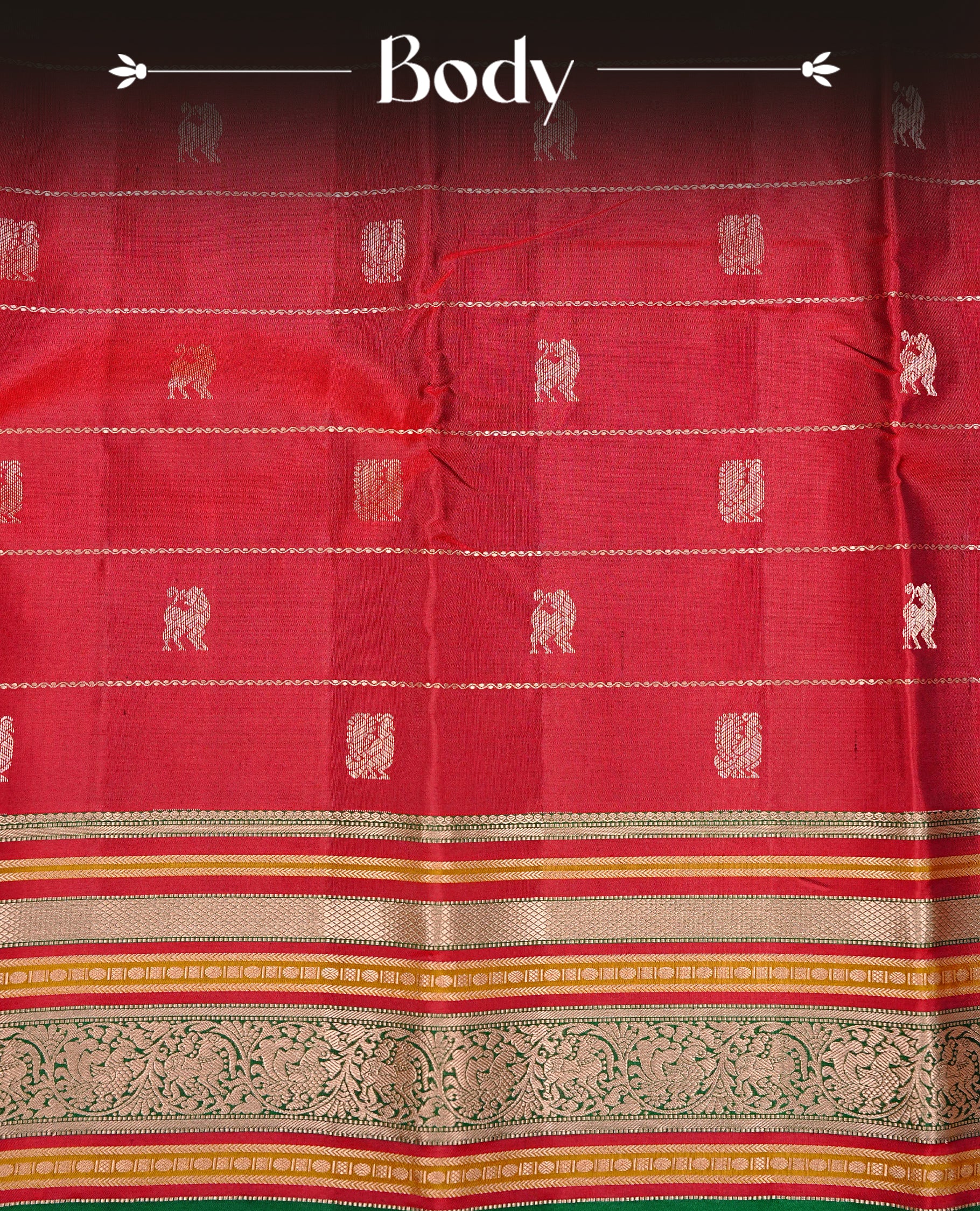 Maroon colour Kancheepuram silk saree featuring Gold Zari Peacock & stripes on body, enrich Gold Zari with Red, mustard on contrast Green border, paired with a Matching blouse piece.