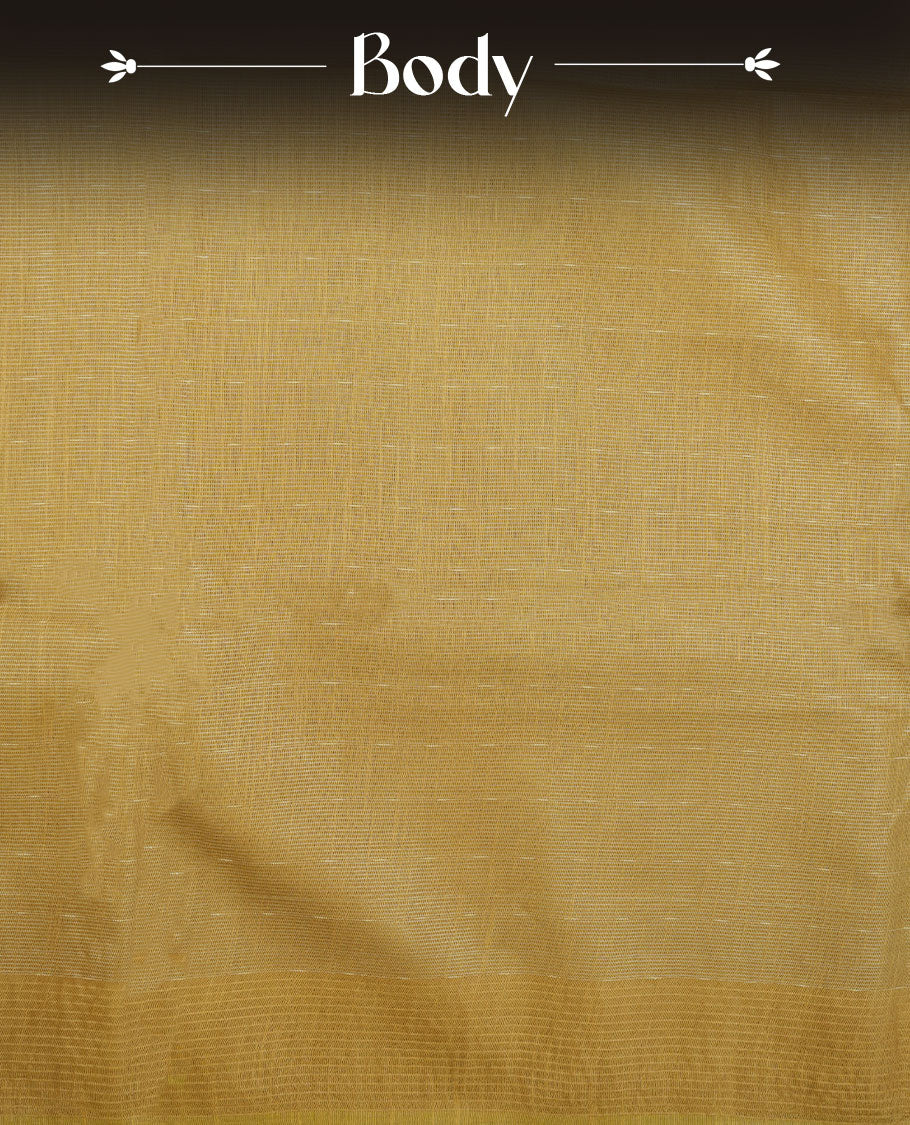 Gold colour semi jute saree highlighting gold zari striped body, without border and paired with matching blouse.