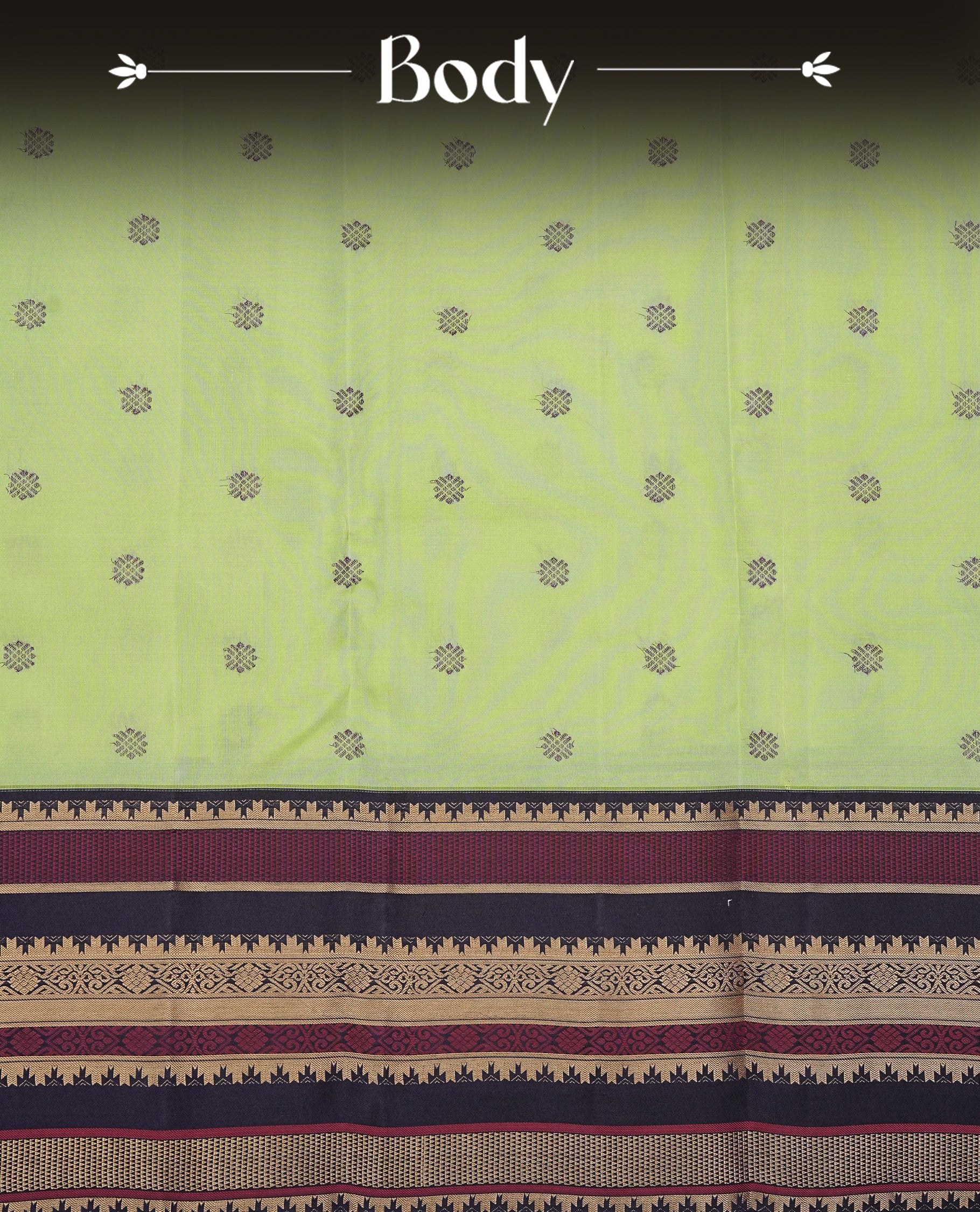 Pastel green colour Kancheepuram silk saree featuring Motifs on body, complemented by Multicolour with Traditional border, comes with matching blouse piece.