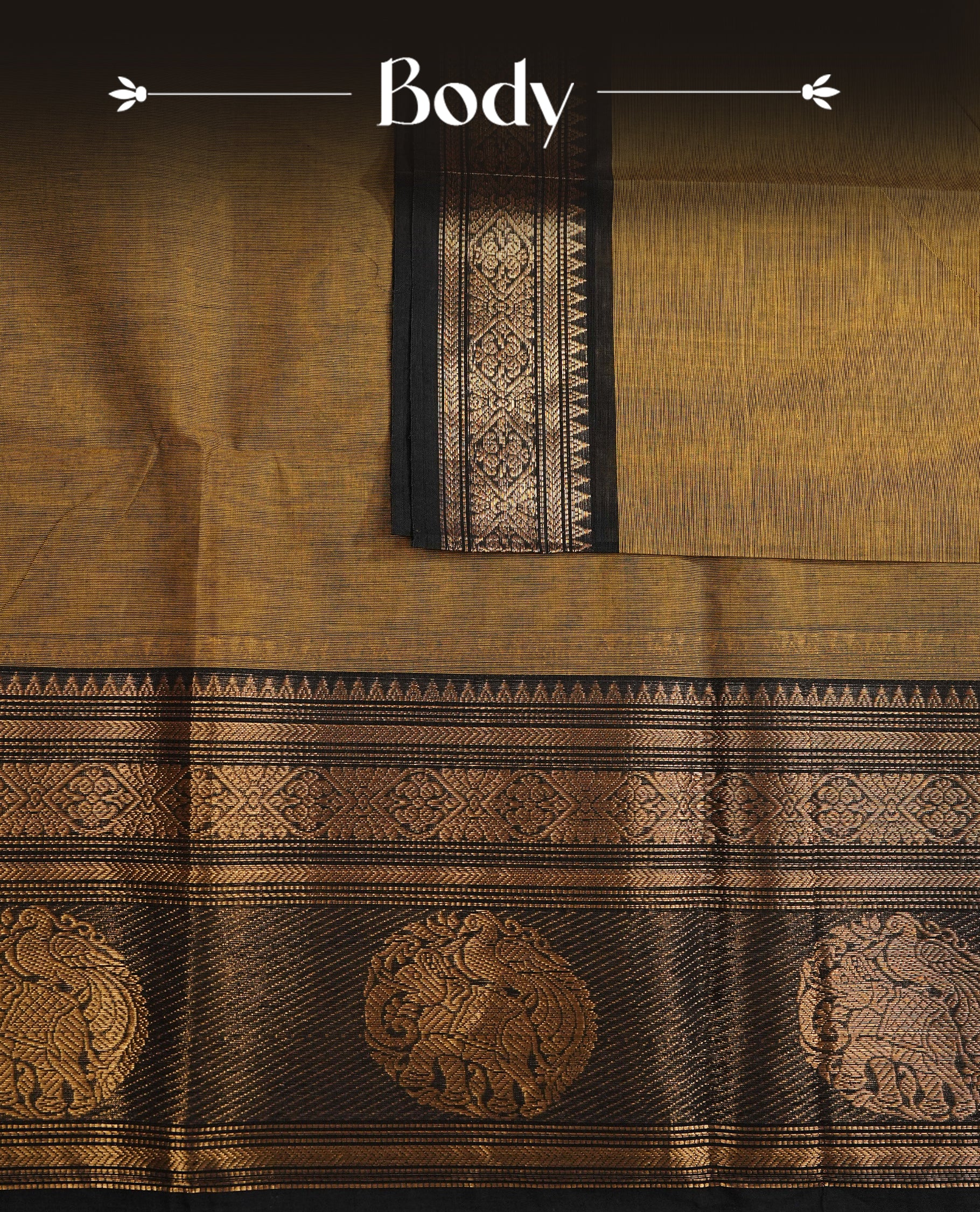 Olive colour chettinad cotton saree featuring Elegant plain body, Contrast black colour with gold zari border, comes with matching blouse piece.