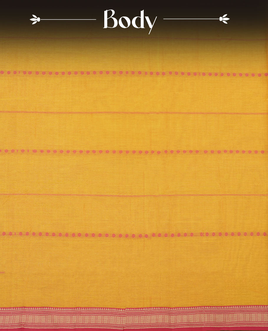 Yellow colour Narayanapattu cotton saree featuring a Rani pink striped pattern on body, contrast Rani pink colour with silver zari border and pallu, pairing a matching blouse piece.