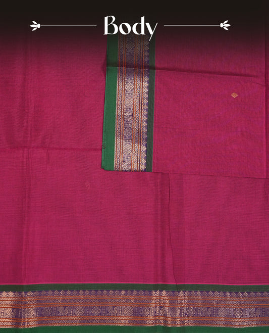 Magenta Colour Chettinad Cotton Saree Featuring Gold Zari Motifs on the Body, Complemented by a Green & Violet Colour with Peacock Gold Zari Border and a Contrast Gold Zari Pallu, Paired with a Matching Blouse Piece