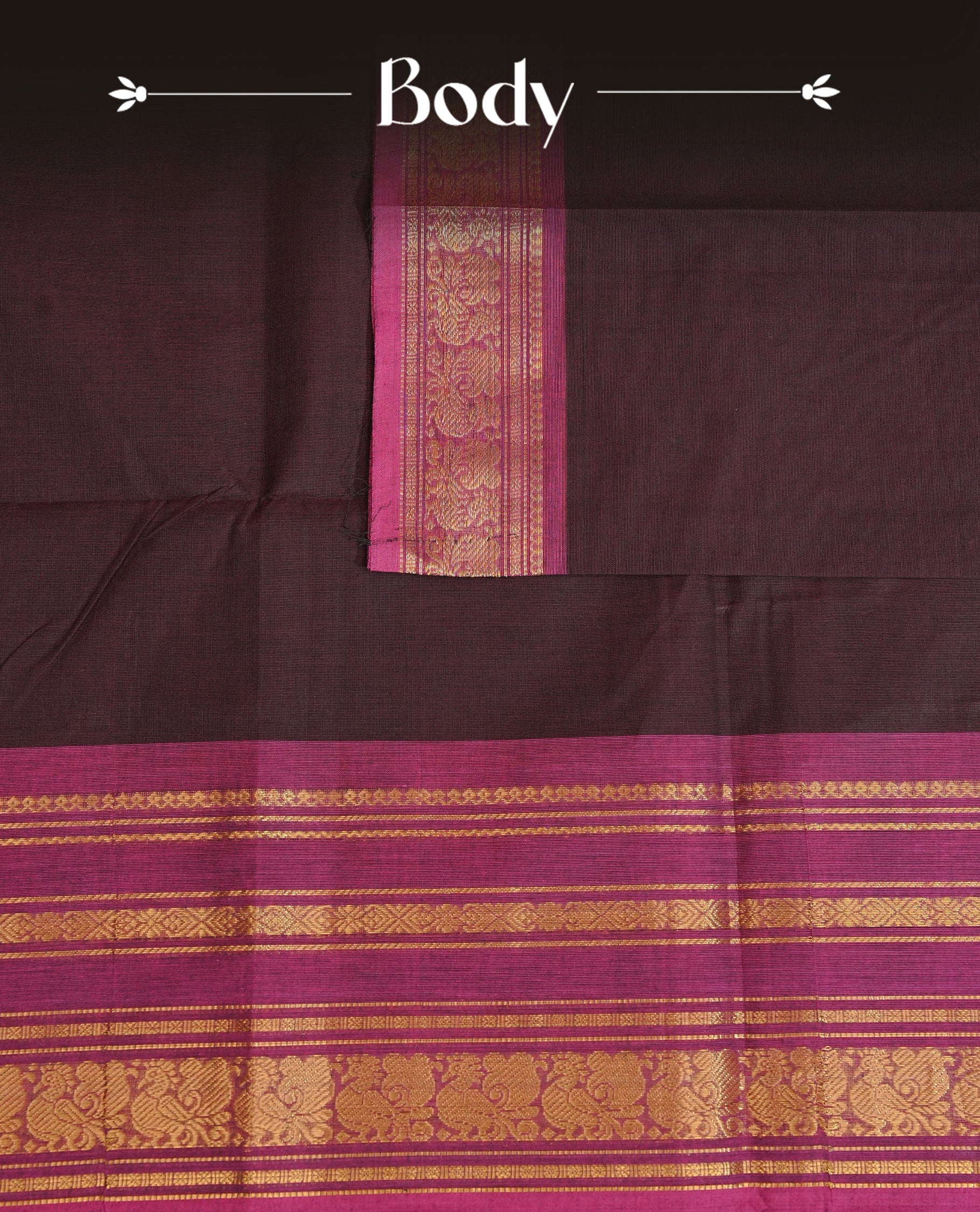 Dark Brown colour chettinad cotton saree featuring elegant plain body, Contrast Magenta colour with Gold zari border, comes with matching blouse piece.