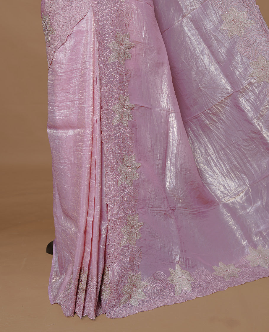 Pastel pink colour Crush Organza Featuring Plain body, Enrich with Floral thread pattern with sequins & scalp border, paired with matching blouse piece.