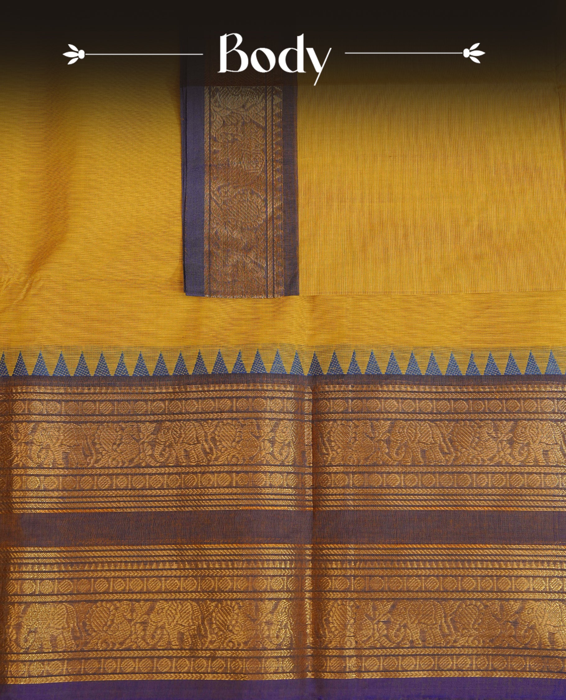 Lemon colour chettinad cotton saree featuring Elegant plain body, Contrast Blue colour with Gold zari border, comes with matching blouse piece.