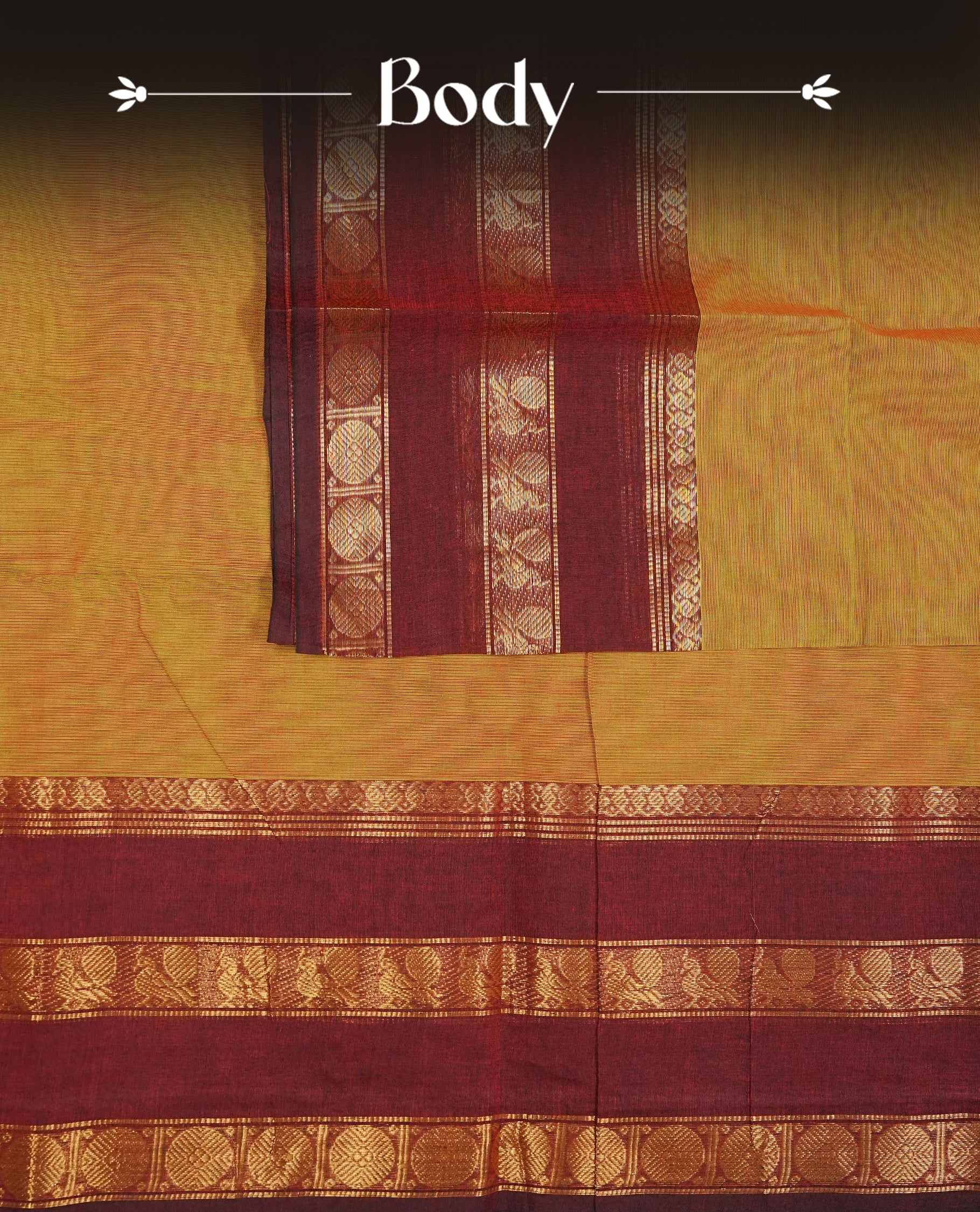 Olive Colour Chettinad Cotton Saree Featuring a Plain Body, Complemented by a Maroon Colour Border with Gold Zari and a Contrast Striped Pallu, Paired with a Matching Blouse Piece.