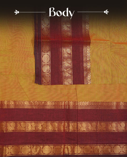 Olive Colour Chettinad Cotton Saree Featuring a Plain Body, Complemented by a Maroon Colour Border with Gold Zari and a Contrast Striped Pallu, Paired with a Matching Blouse Piece.