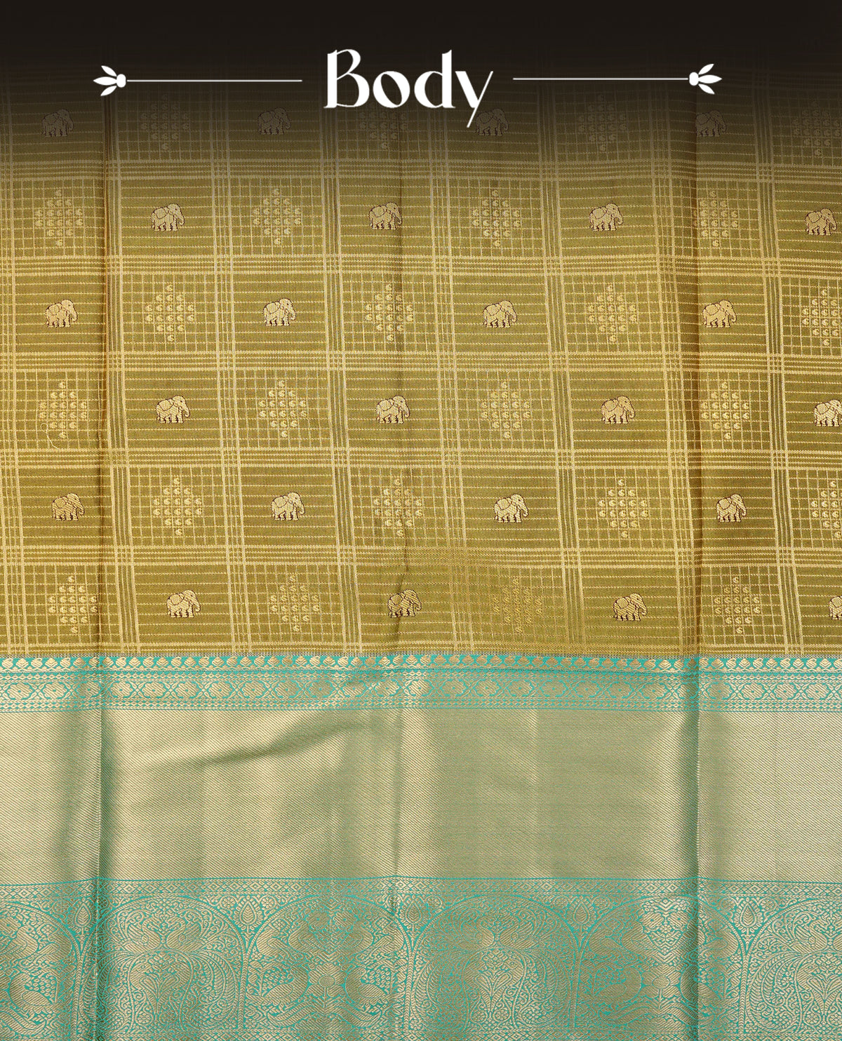 Pista colour semi wedding saree featuring gold zari check with elephant motifs on body complemented by contrast aqua green colour with traditional border, comes with macthing blouse piece.