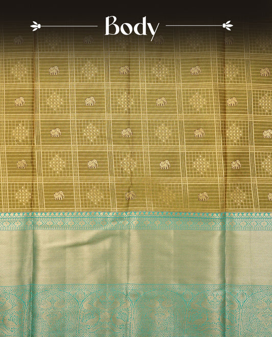Pista colour semi wedding saree featuring gold zari check with elephant motifs on body complemented by contrast aqua green colour with traditional border, comes with macthing blouse piece.