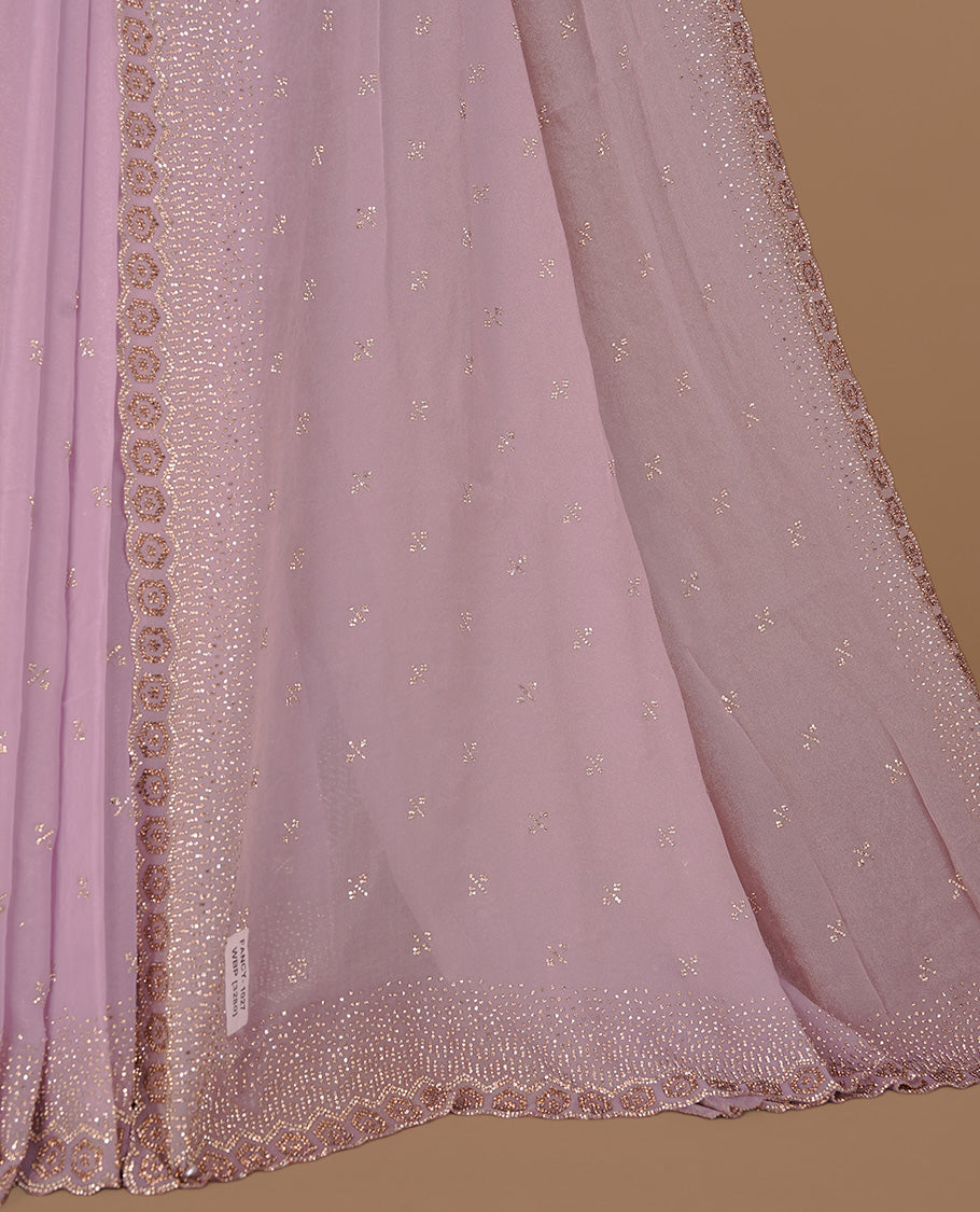 Lavender colour designer saree featuring gold & white stone worked body and border, paired with matching blouse piece.