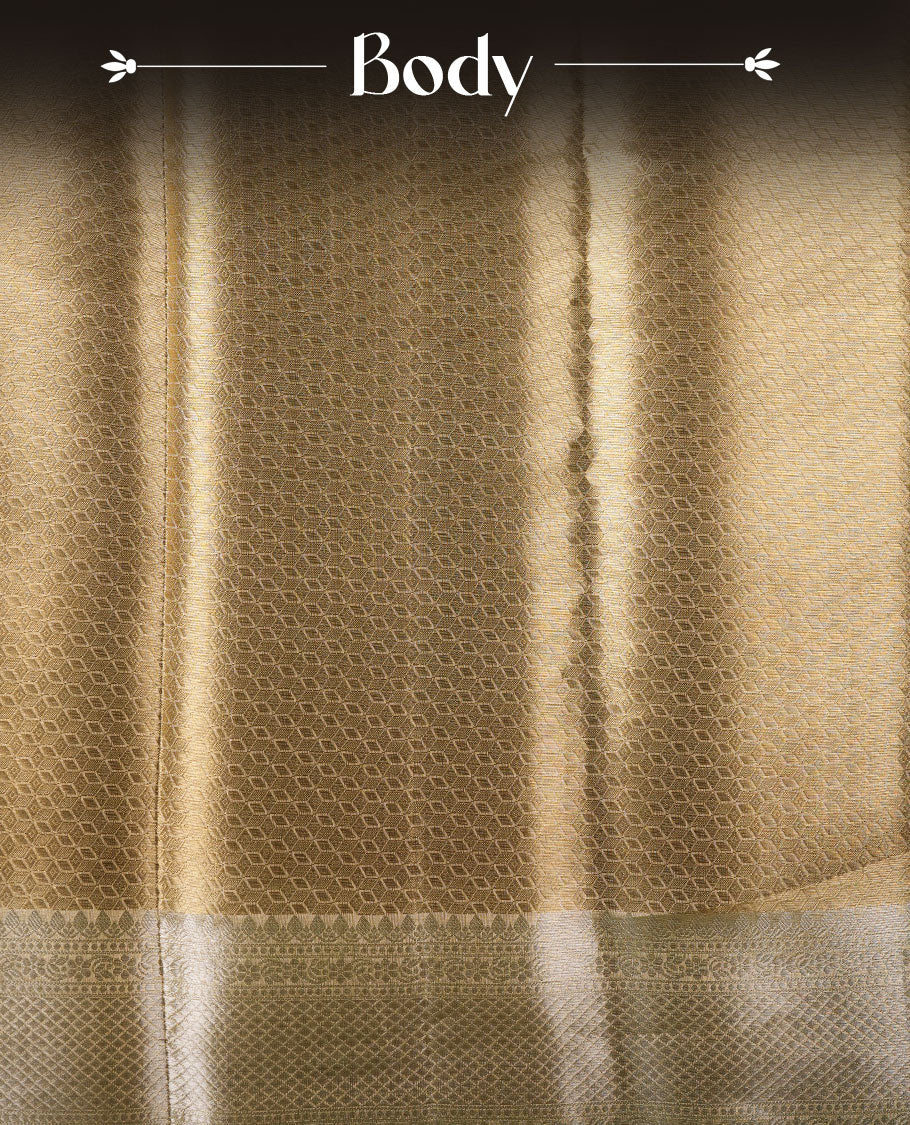 Gold colour Pure banaras tissue silk saree featuring gold zari brocade design across body, with contrast pink colour with silver zari brocade border, finished with a matching blouse. (Copy)