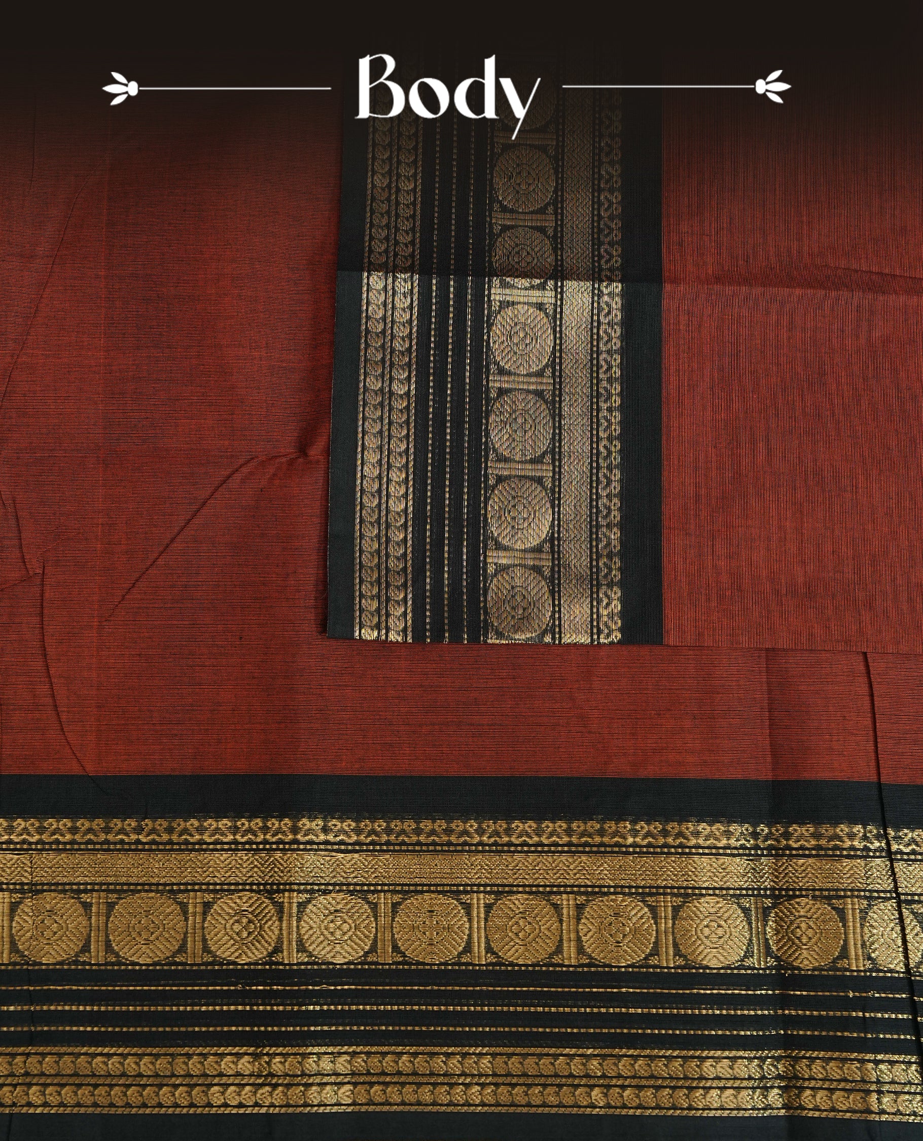Maroon colour chettinad cotton saree featuring Elegant plain body, complemented by contrast Black colour with gold zari border, comes with matching blouse piece.