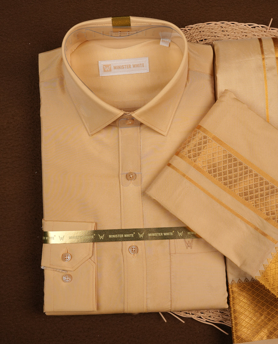 Medium Gold colour MINISTER WHITE shirt paired with a matching dhoti, finishing with a Gold border