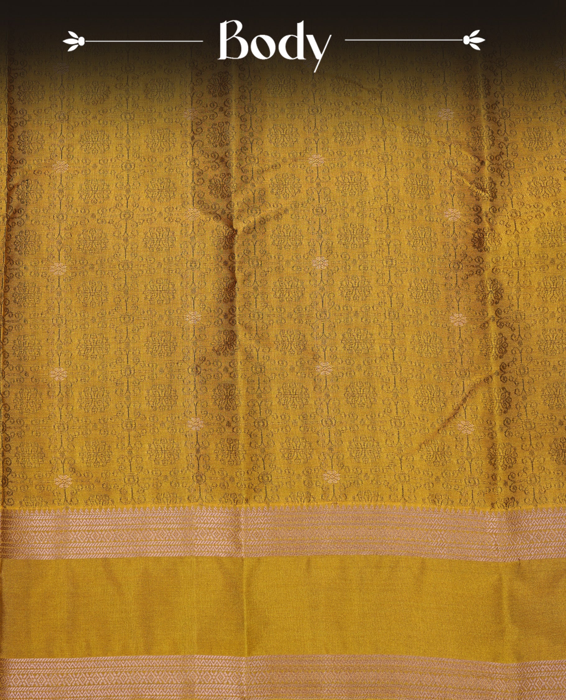 Mustard Yellow Colour  Semi Soft Slik  Saree Featuring An Elegant Self Floral Woven Body, Enhanced By A Traditional Rose Gold Zari Border And Rich Pallu, Paired With A Matching Blouse Piece.