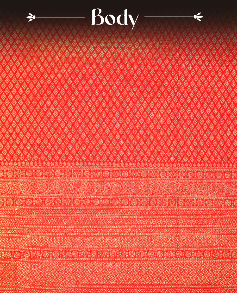 Red colour semi soft silk brocade saree  featuring an all-over geometric woven body, finished with a finely detailed traditional border and a coordinated blouse.