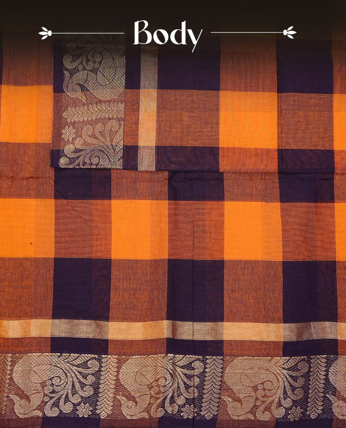 Dark Wine & Orange Colour Chettinad cotton saree featuring bold checked patterns across the body, complemented by a classic zari woven peacock motifs On border and matching checked pallu, paired with a matching blouse piece.