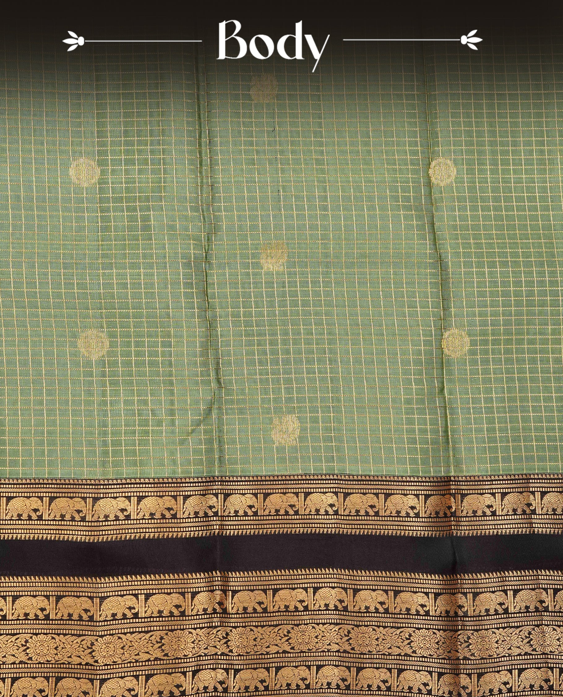 SeaForm Green colour Kancheepuram silk saree featuring Gold zari check with Chakra Motifs on body, complemented by chocolate colour with Traditional border, comes with matching blouse piece.