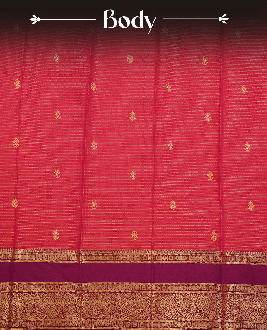 Magenta colour soft silk saree featuring Gold zari stripes on body, complemented by contrast purple colour with traditional border, paired with matching blouse piece.