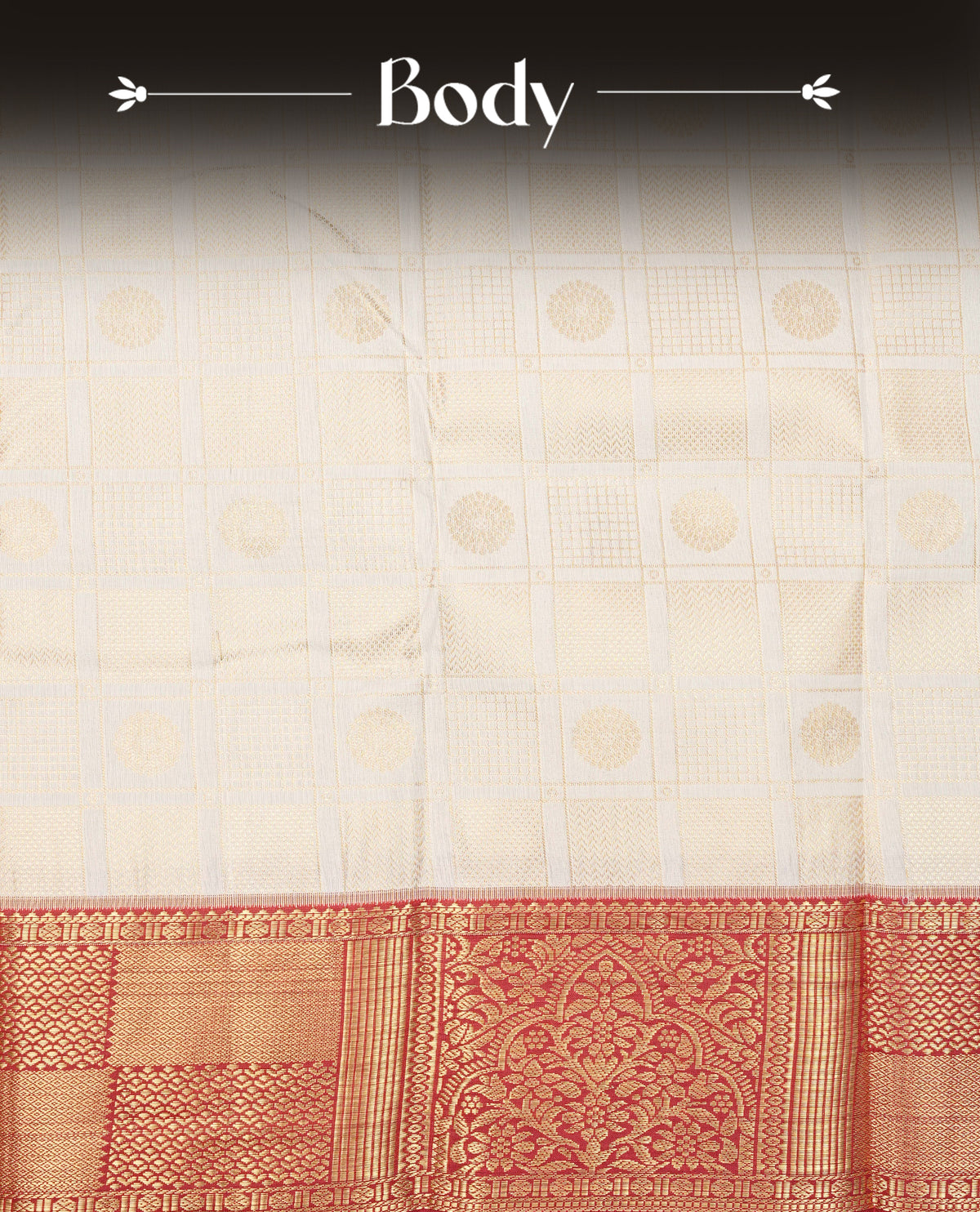 Cream colour semi wedding saree featuring light gold zari box with check with chakra across the body, complemented by maroon colour with  traditional border. Comes with a matching blouse piece.